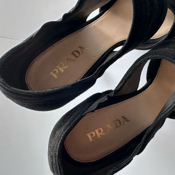 Prada Black Suede High Heel Peep Toe Bootie Style Sandals Size 38 - Picture 9 of 14
